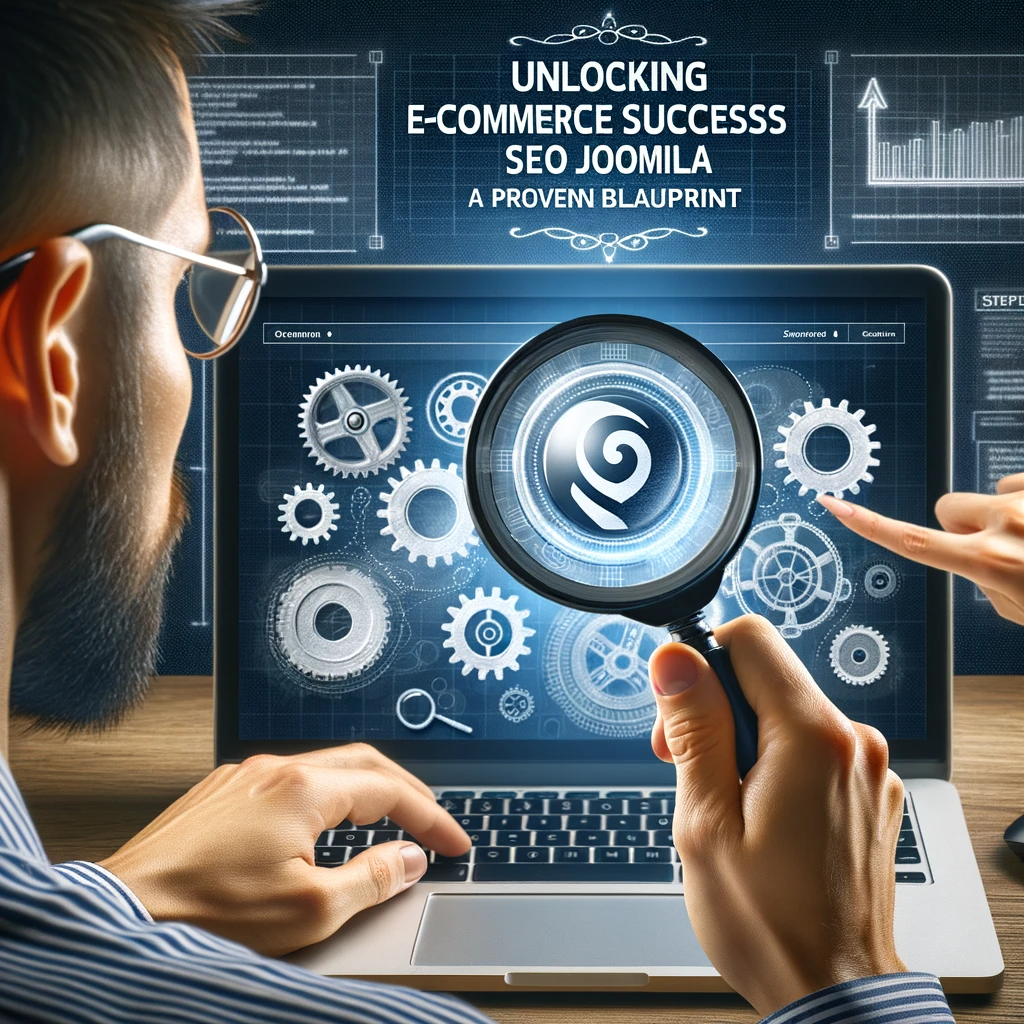 Asian male holding a magnifying glass analyzing a Joomla website with the title 'Unlocking E-commerce Success with SEO Joomla: A Proven Blueprint', while a Caucasian female points to a section of the site, against a background of gears and digital code.