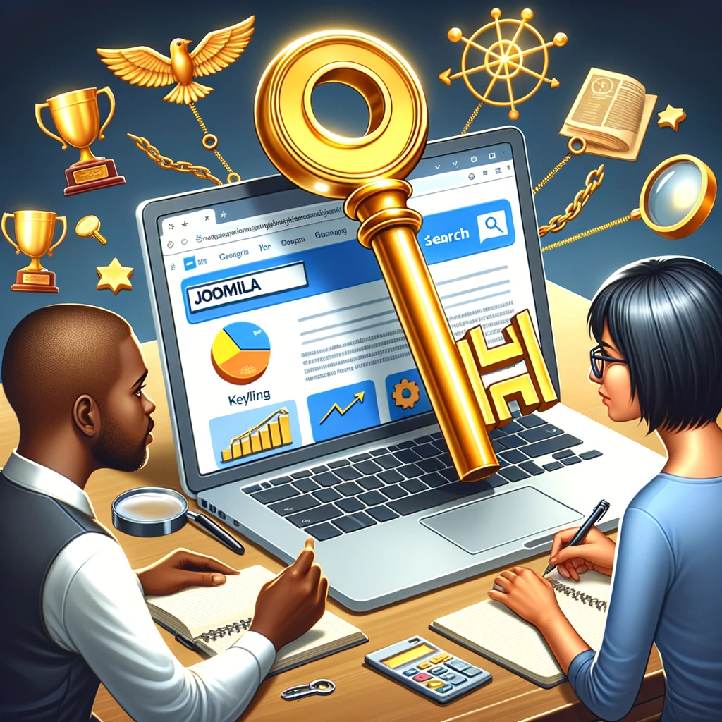 African descent male discussing keyword analysis with Middle Eastern female, with a laptop displaying 'Unlocking Joomla SEO: A Beginner's Guide to Ranking Higher', surrounded by SEO icons and a hovering golden key.