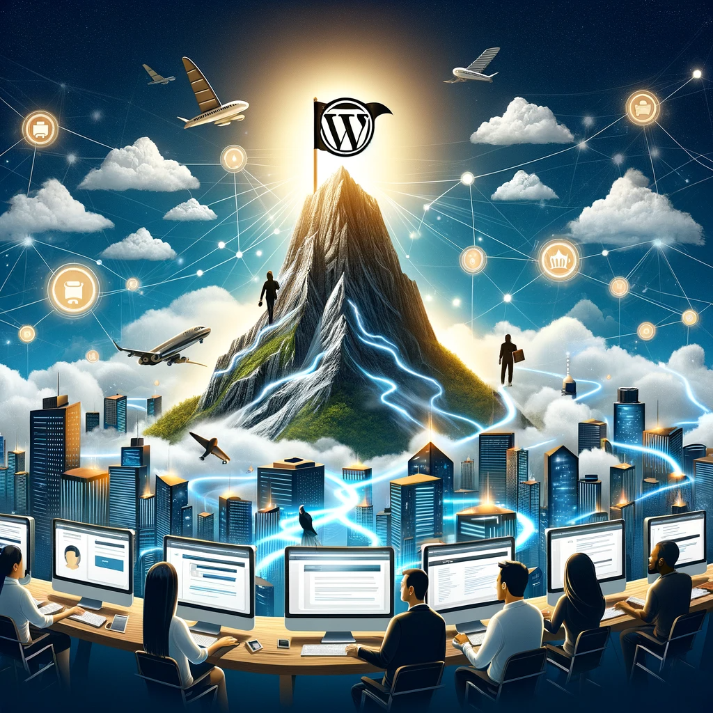 A mountain peak with a WordPress logo flag stands above clouds, over a digital cityscape, with diverse professionals optimizing WordPress on their computers.