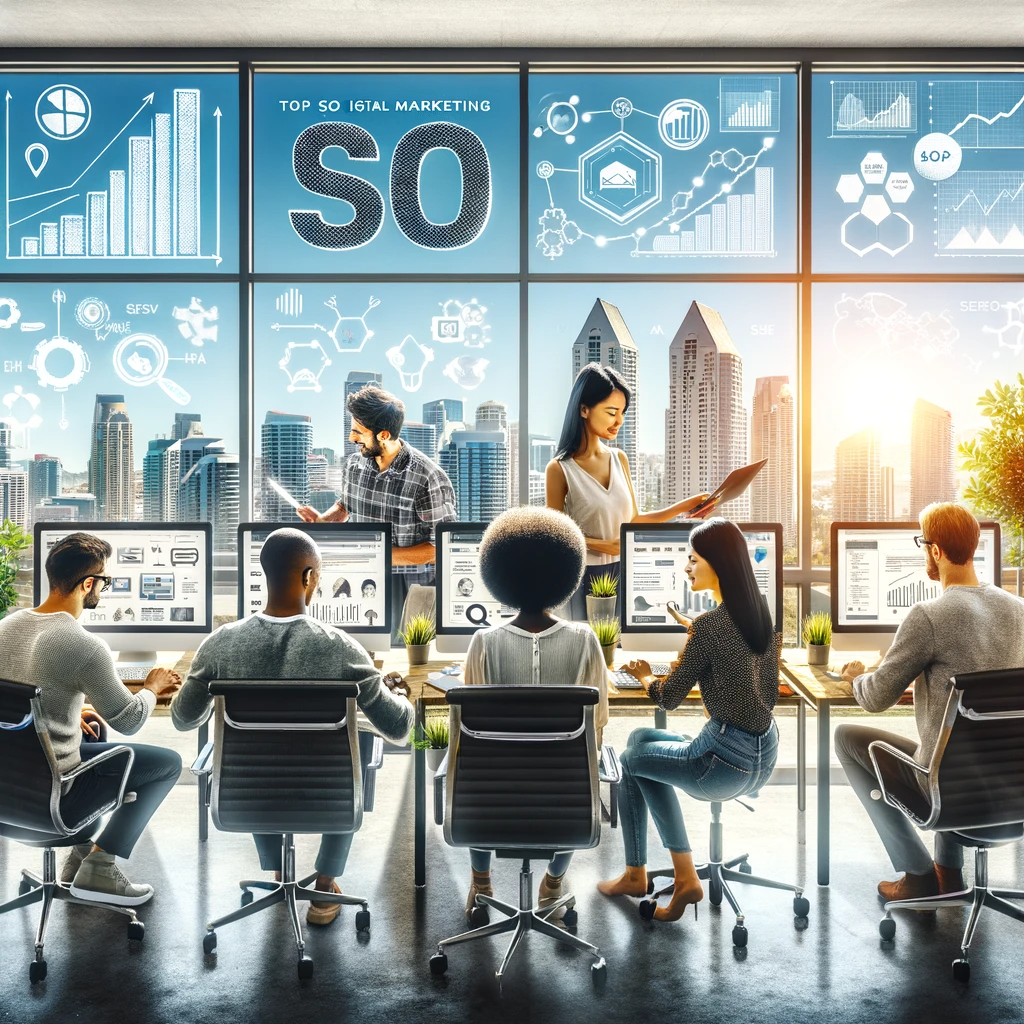 An image of a dynamic digital marketing office with a diverse team focused on SEO analytics. The office showcases a growth-oriented environment with the San Diego skyline in the background. 