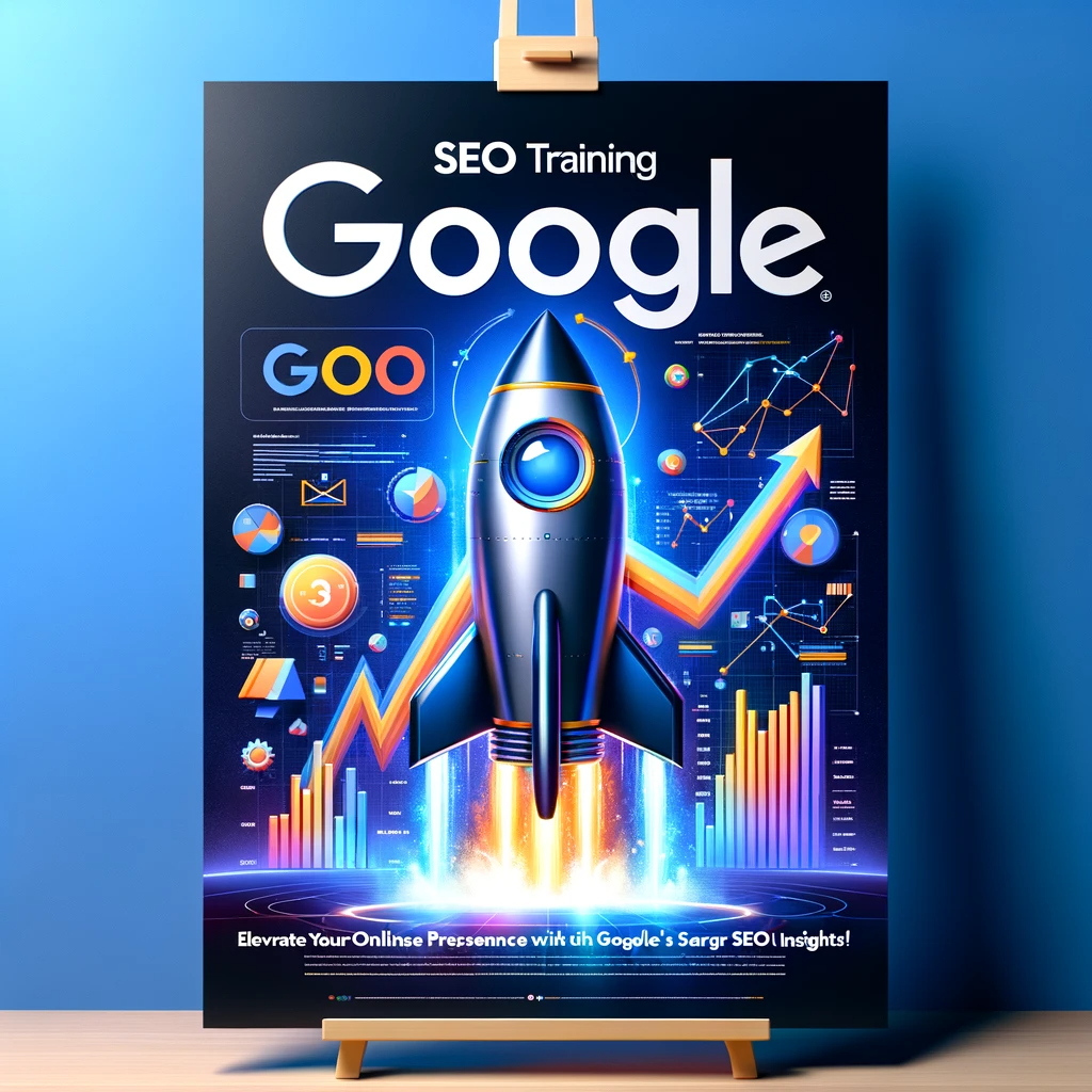 Inspirational digital poster for Google SEO Training, featuring a rocket symbolizing rapid growth in SEO knowledge, surrounded by analytics and keyword graphics.