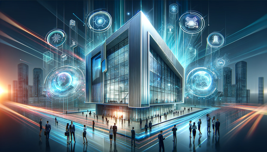 Futuristic graphic of Northern Technologies Group's modern headquarters building, illuminated with neon lights and surrounded by holographic tech displays, with diverse professionals in the foreground.