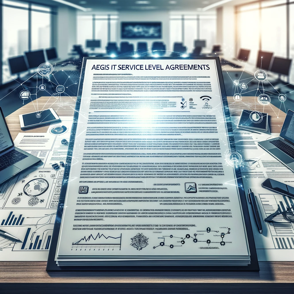 Open document titled 'Aegis IT Service Level Agreements' on an office desk, surrounded by IT tools, symbolizing service reliability and transparency.