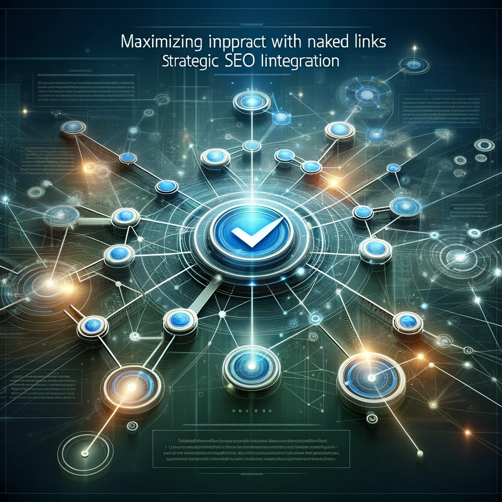 Sophisticated illustration showcasing the integration of naked links in SEO with interconnected nodes and lines