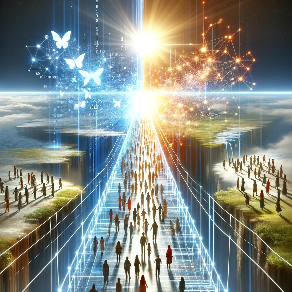 Digital bridge made of light and code connecting diverse groups on separate landmasses, under a bright, hopeful sky.