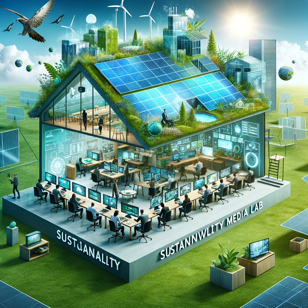 A conceptual image of the Sustainability Media Lab, depicting a modern, eco-friendly media studio with solar panels and green roofs, where a diverse team works with energy-efficient equipment against a backdrop of lush greenery.